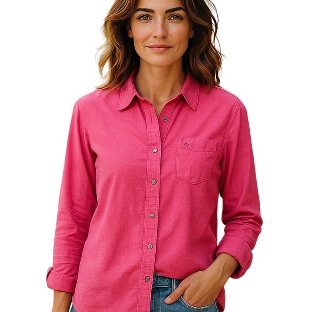 Tommy Hilfiger Women's Pink Button-Up Shirt Size Large Blouse Preppy Collar